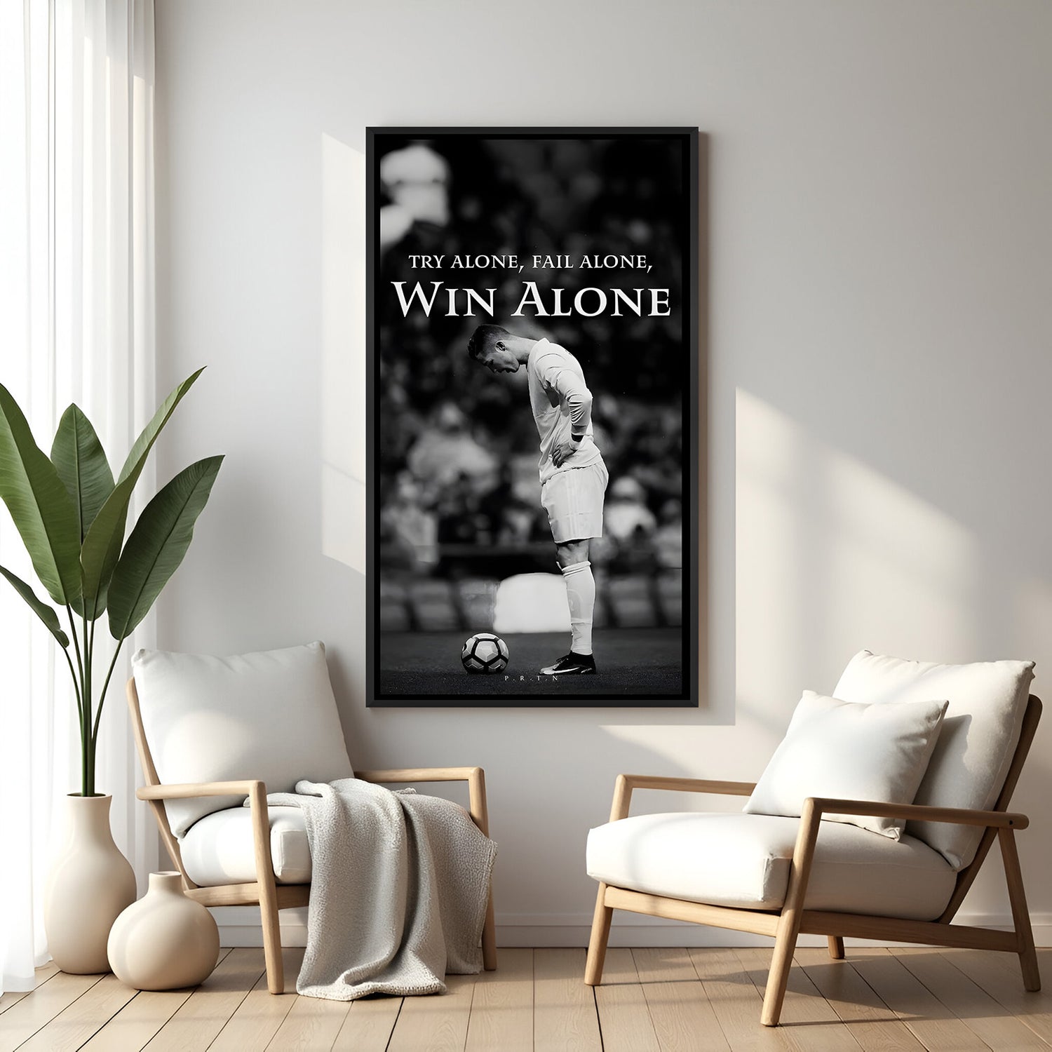 Ronaldo motivational football wall art in black floater frame premium sports canvas decor
