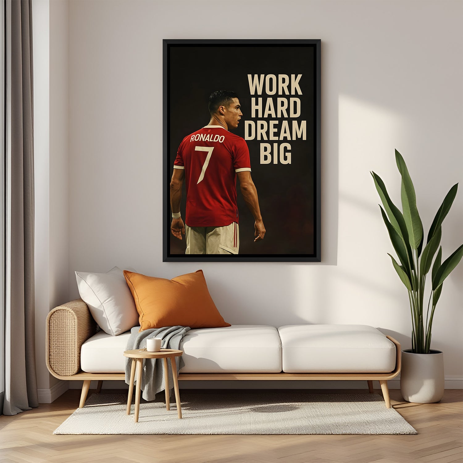 Ronaldo motivational football wall art in black floater frame premium sports canvas decor