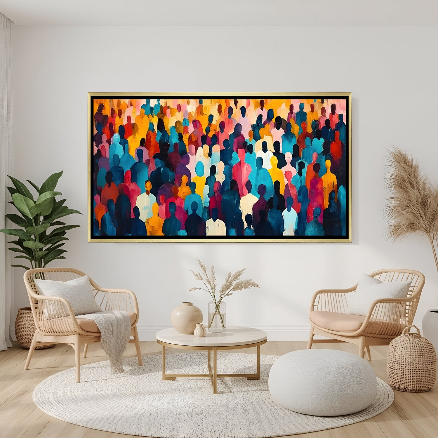 Crowd modern canvas wall art in clean white floater frame perfect for minimalist and modern interiors