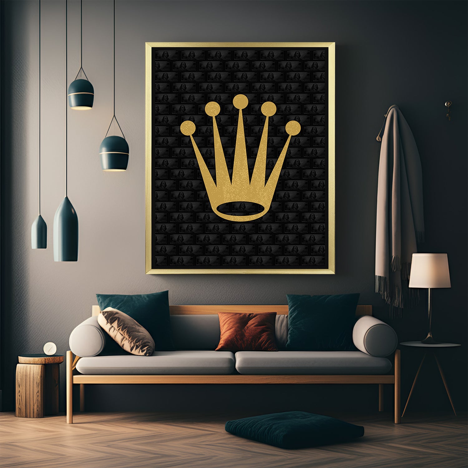 Golden-framed modern wall art of a crown over a black canvas patterned with dollar bills, ideal for stylish home or office decor