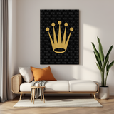 Modern art canvas featuring a large crown on a black background with subtle symmetrical dollar bills, symbolizing power and luxury