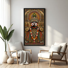 Detailed Jagannath artwork with ornate crown and vibrant flower garlands in elegant black floater frame