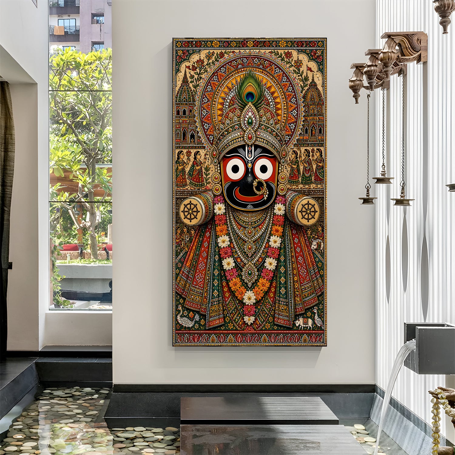 Lord Jagannath wall painting with intricate royal crown and floral garlands in premium canvas wrapped frame