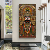 Lord Jagannath wall painting with intricate royal crown and floral garlands in premium canvas wrapped frame