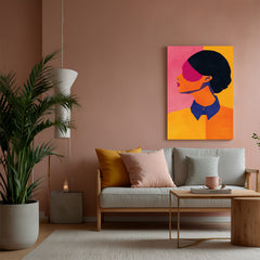 Colorful cubist abstract woman portrait with black floater frame, geometric canvas wall art