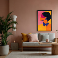 Modern cubist female face art in golden floater frame, vibrant abstract canvas print for living room
