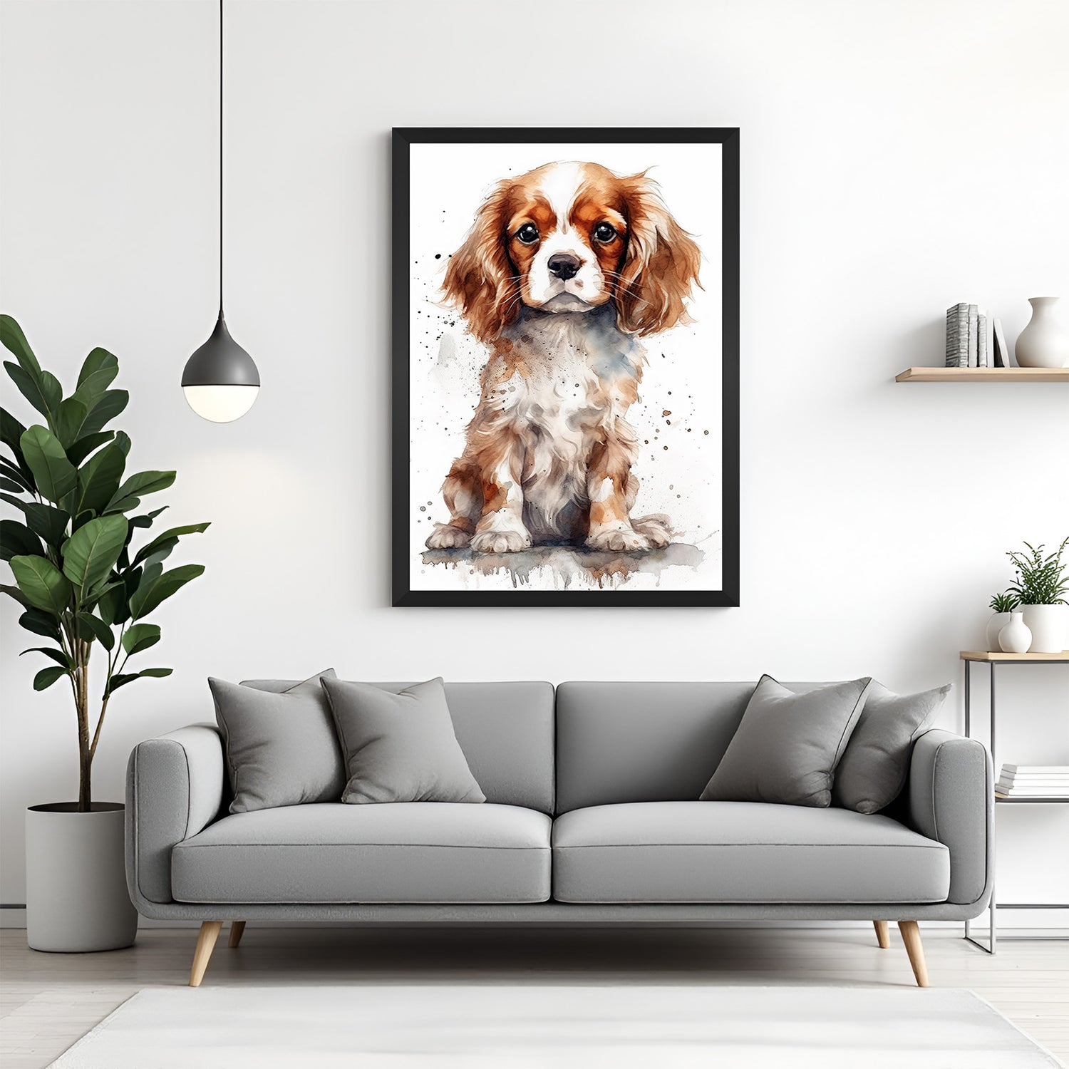 Happy dog printed wall art in black floater frame, perfect for modern pet-loving homes or children's spaces