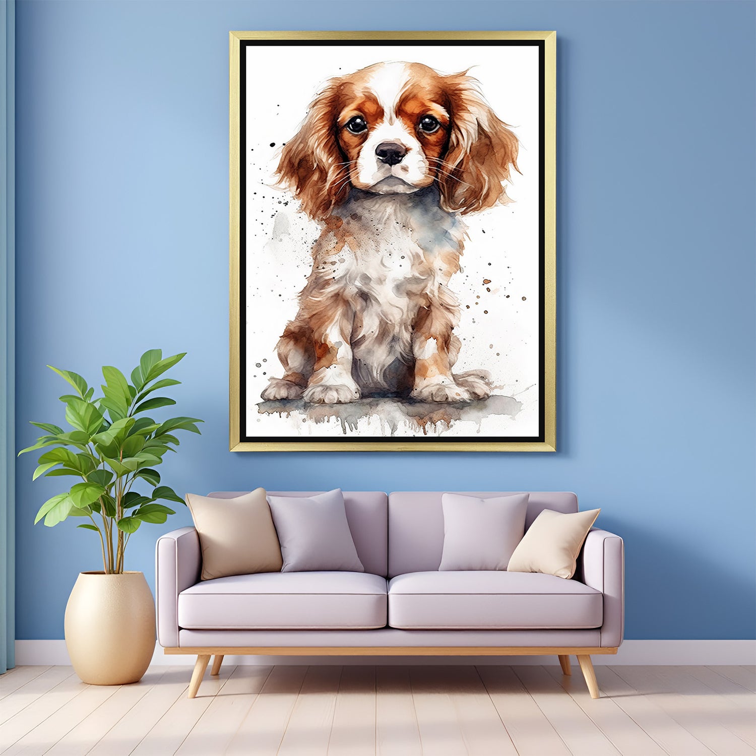 Cute dog artwork in golden floater frame, ideal for cozy kids’ bedrooms and pet-friendly home wall styling