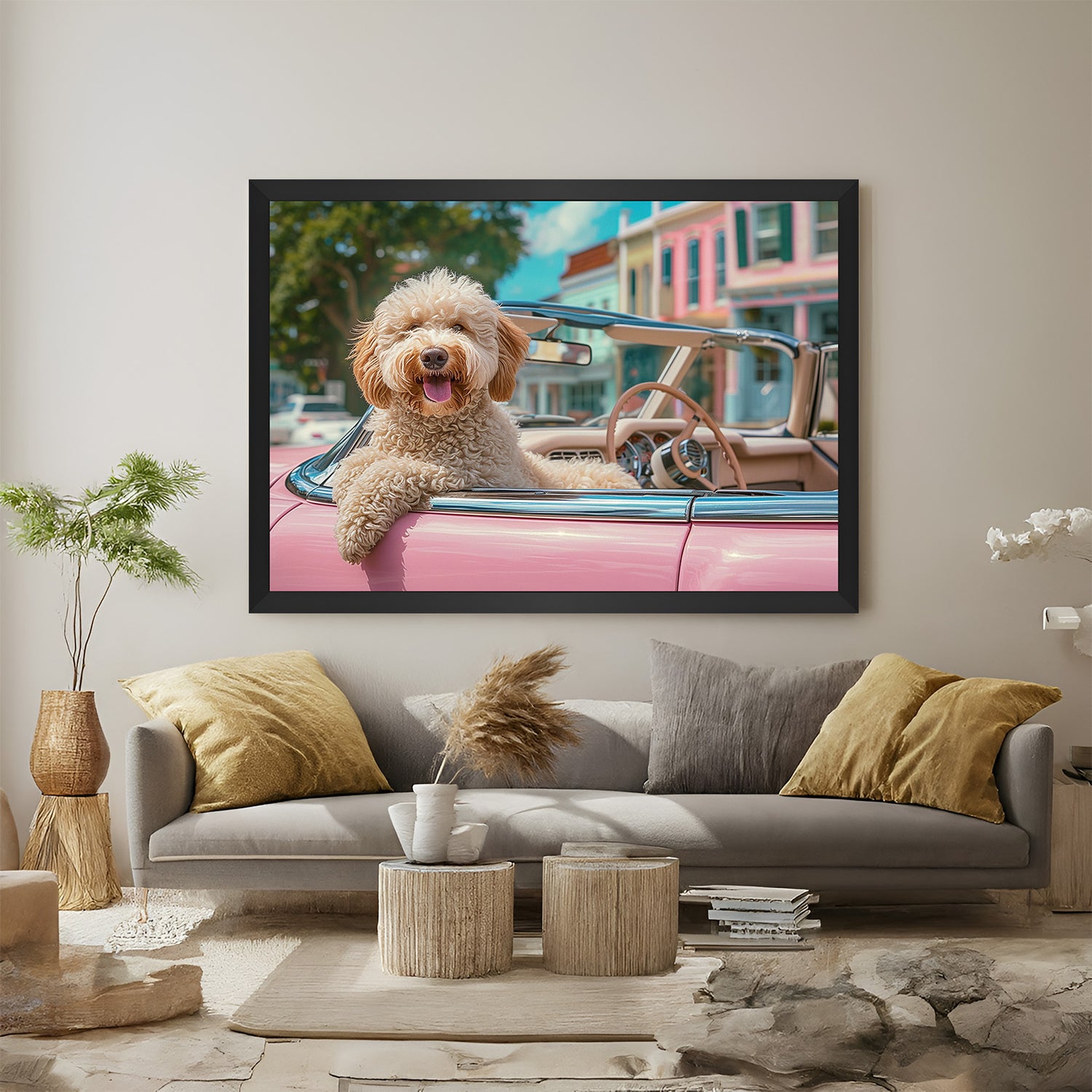 Happy dog in pink car canvas wall painting with black floater frame, ideal for modern decor that blends fun, cuteness, and quirky style