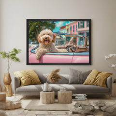 Happy dog in pink car canvas wall painting with black floater frame, ideal for modern decor that blends fun, cuteness, and quirky style