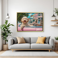 Playful dog in pink car printed canvas art in golden frame, perfect for adding a cute and colorful vibe to vibrant or trendy wall spaces