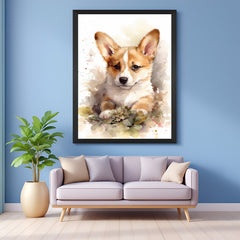 Cute waiting dog canvas in black floater frame, ideal emotional pet artwork for living rooms and kids spaces