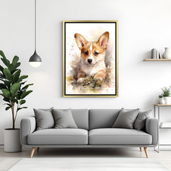 Adorable puppy wall art in golden floater frame, expressive dog canvas for warm and heartfelt home interiors
