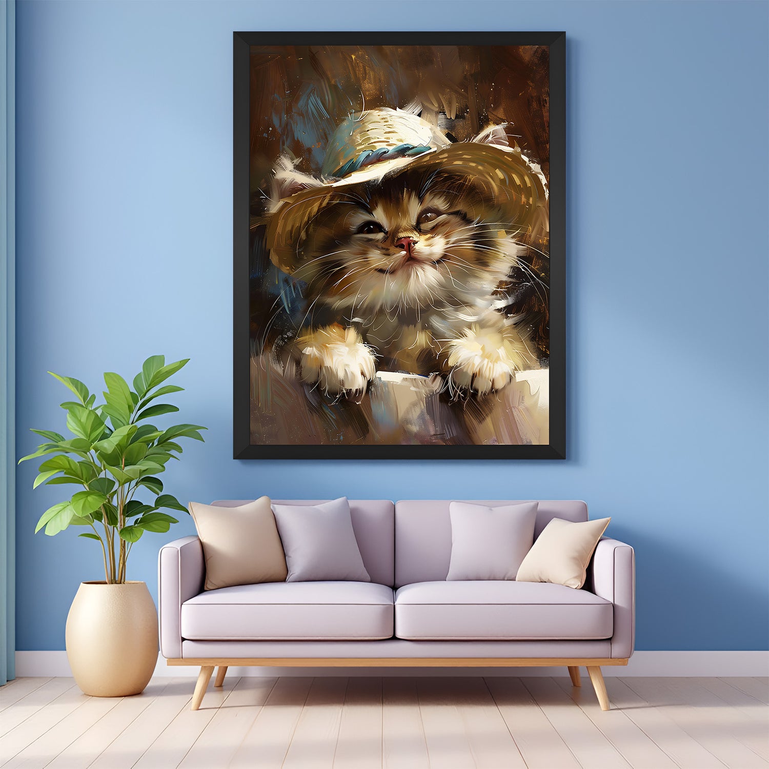Cute kitten with hat canvas print in black floater frame, ideal for nurseries and creative interiors
