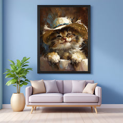 Cute kitten with hat canvas print in black floater frame, ideal for nurseries and creative interiors