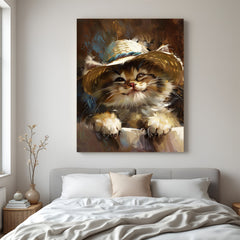 Painted style canvas of a cute kitten wearing a hat, perfect for cozy, fun, and artistic home decor
