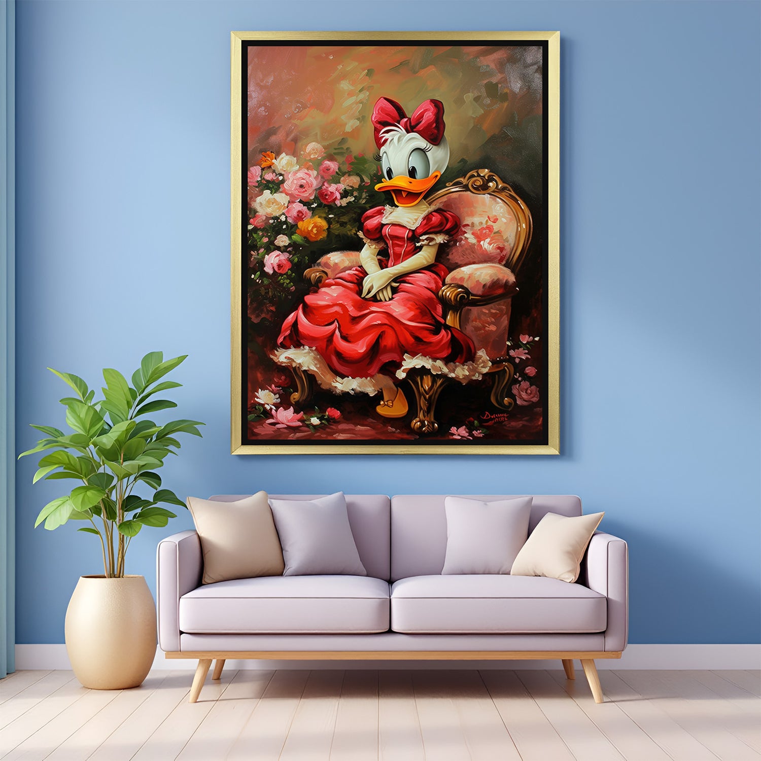 Golden-framed canvas featuring Daisy Duck in bold, colorful modern art—perfect for trendy, pop-art-inspired interiors with a creative twist
