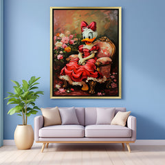 Golden-framed canvas featuring Daisy Duck in bold, colorful modern art—perfect for trendy, pop-art-inspired interiors with a creative twist