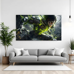 Dark anime titan action canvas wall art with electric green energy