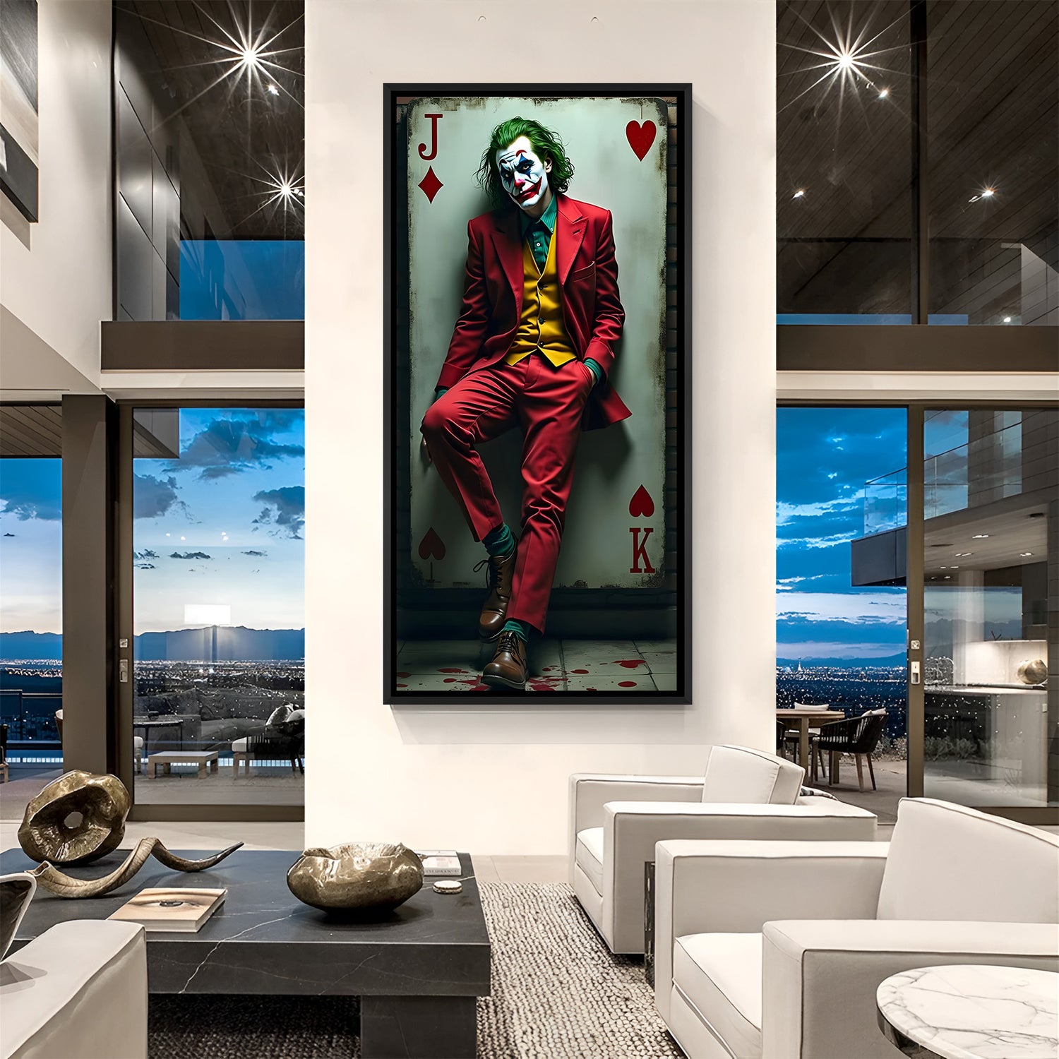 Edgy cinematic antihero playing card portrait in sleek black frame for modern interiors.