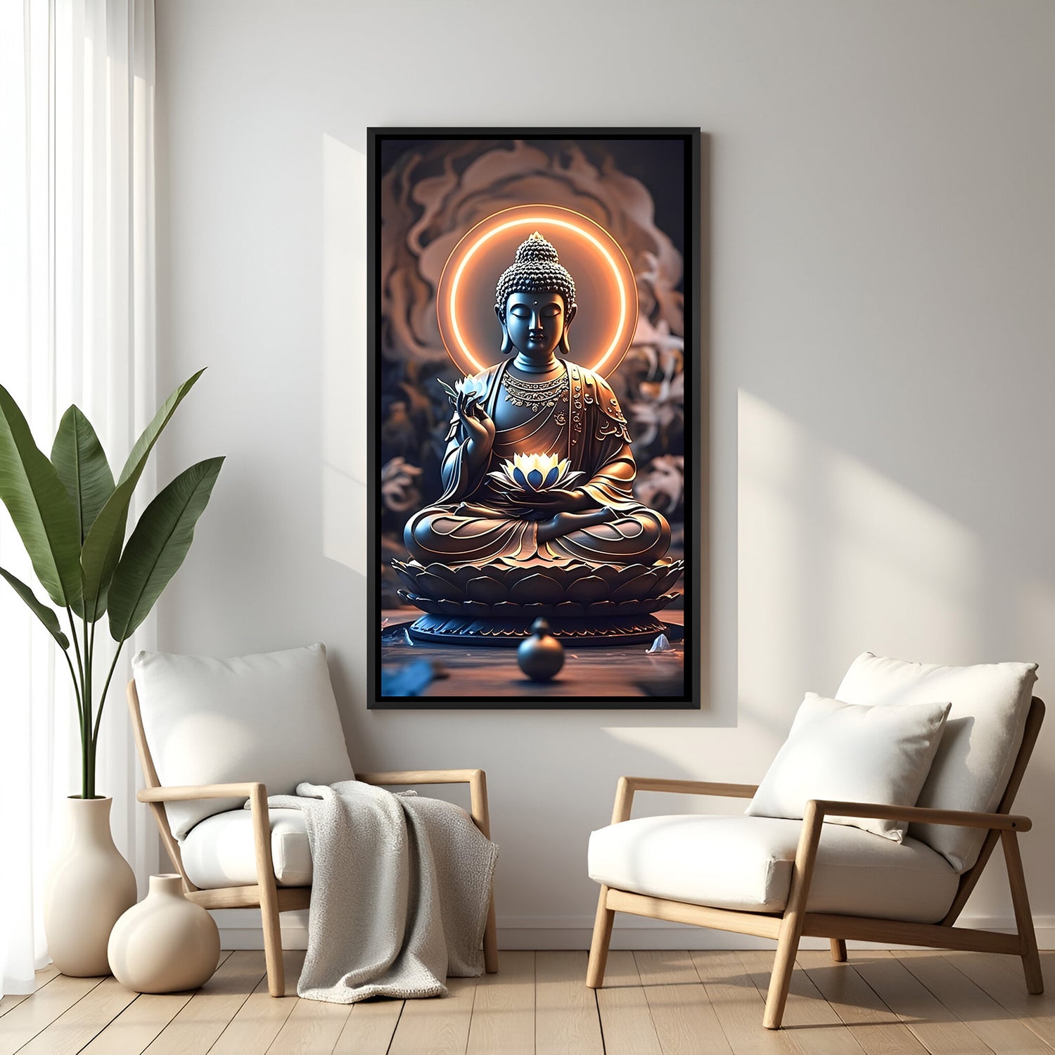 Dark Aura Buddha spiritual canvas artwork in premium black floater frame