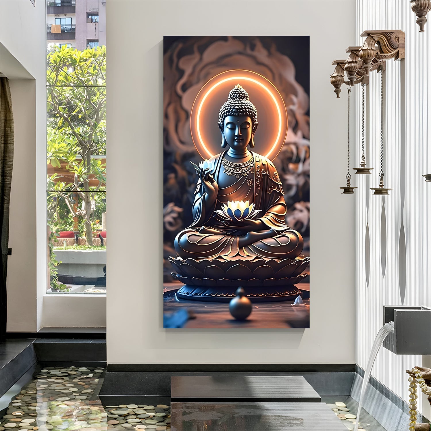 Dark Aura Buddha canvas painting with sacred circle meditation artwork in canvas wrapped frame