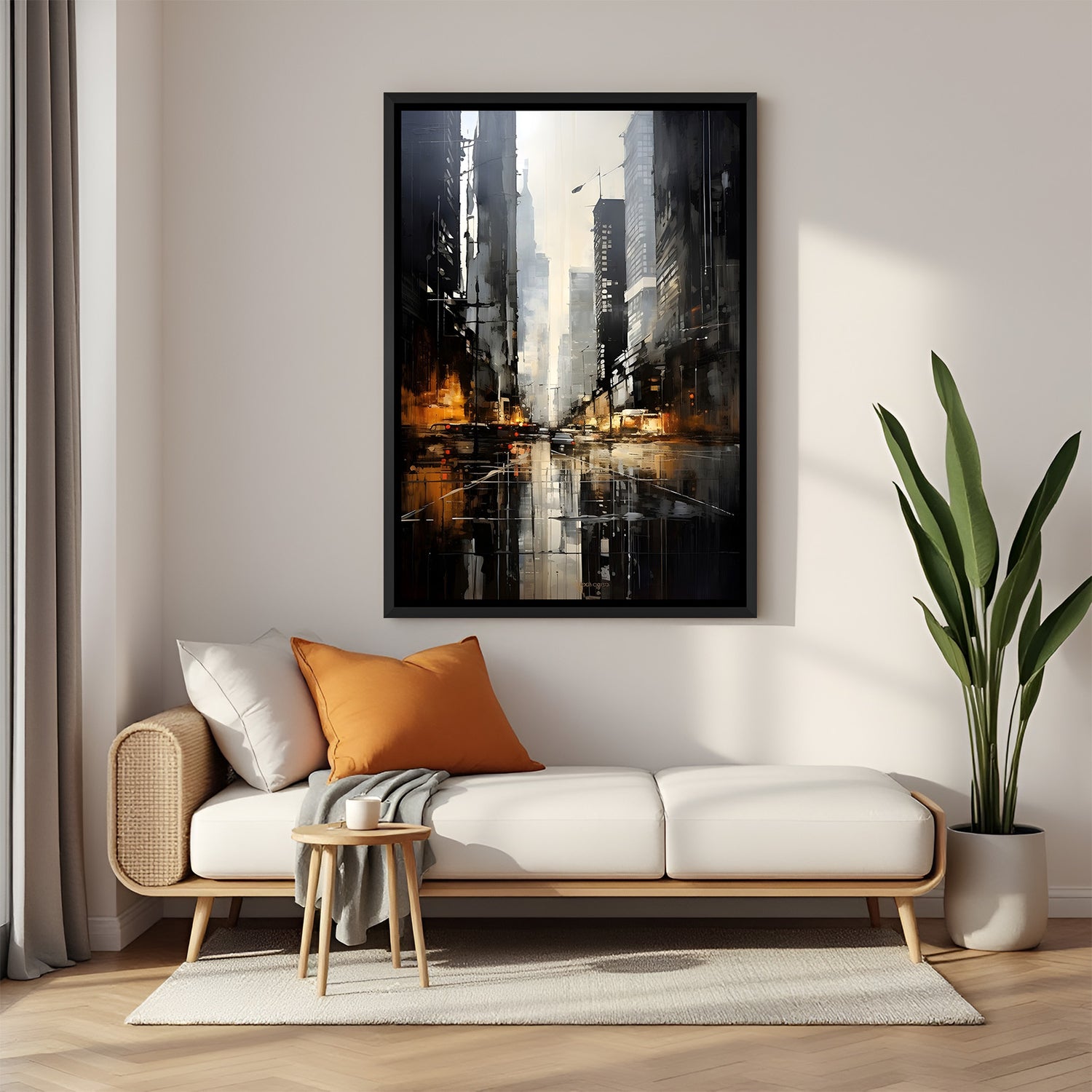 Moody dark city modern canvas wall painting in elegant black floater frame