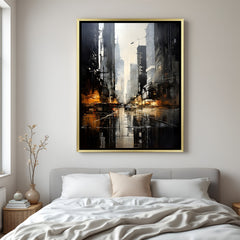 Dark city modern artwork canvas in luxury golden floater frame with cinematic tones