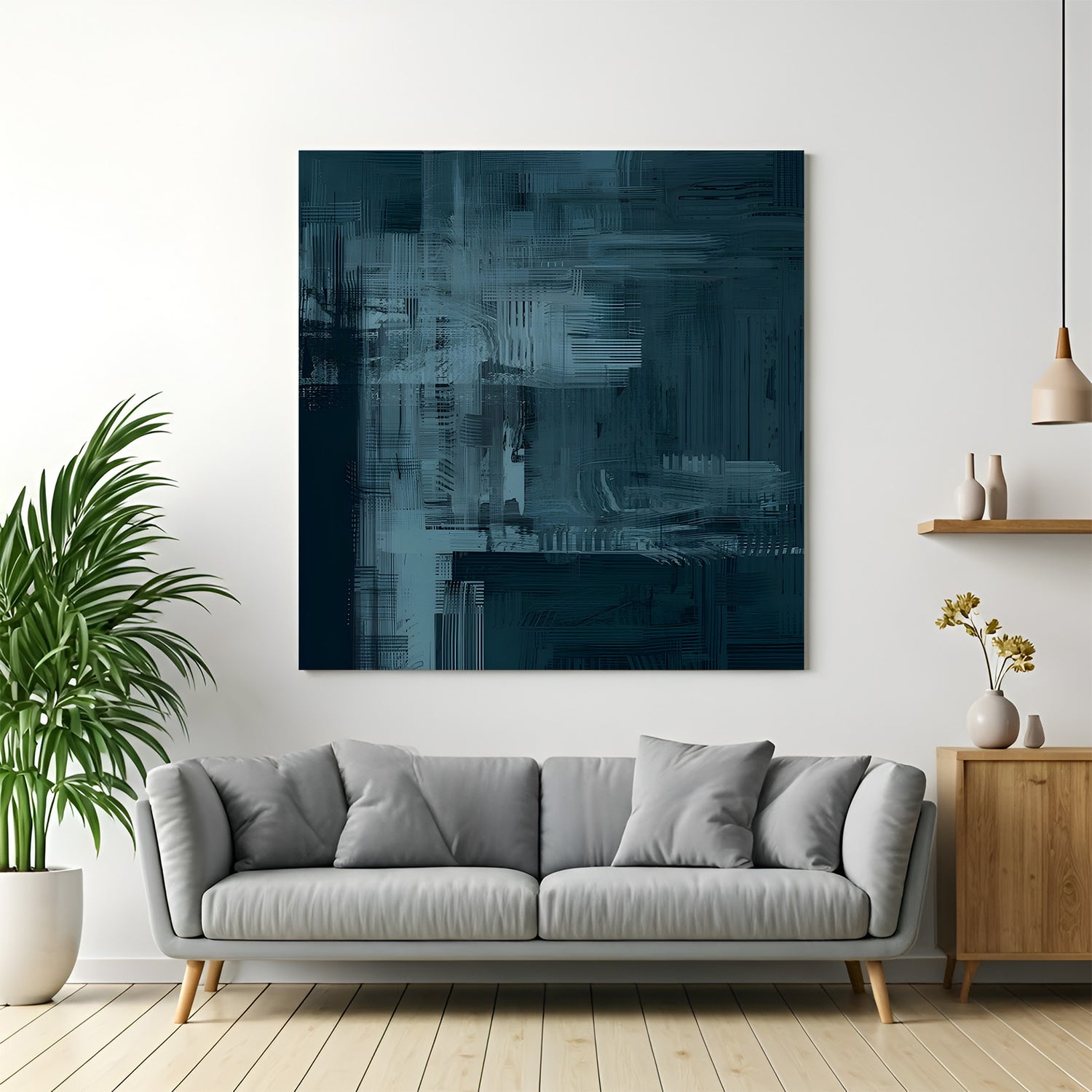 Dark teal abstract textured canvas wall art with modern layered design