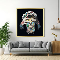 Golden-framed modern art canvas featuring white David sculpture in altered style—dramatic blend of classical and modern art for luxury home or office walls