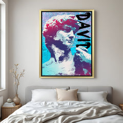 Golden-framed modern canvas of David statue in contemporary painted look—ideal for elegant yet bold decor with artistic personality