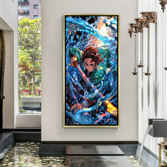 Golden floater frame Tanjiro Demon Slayer Water Breathing canvas wall painting premium decor