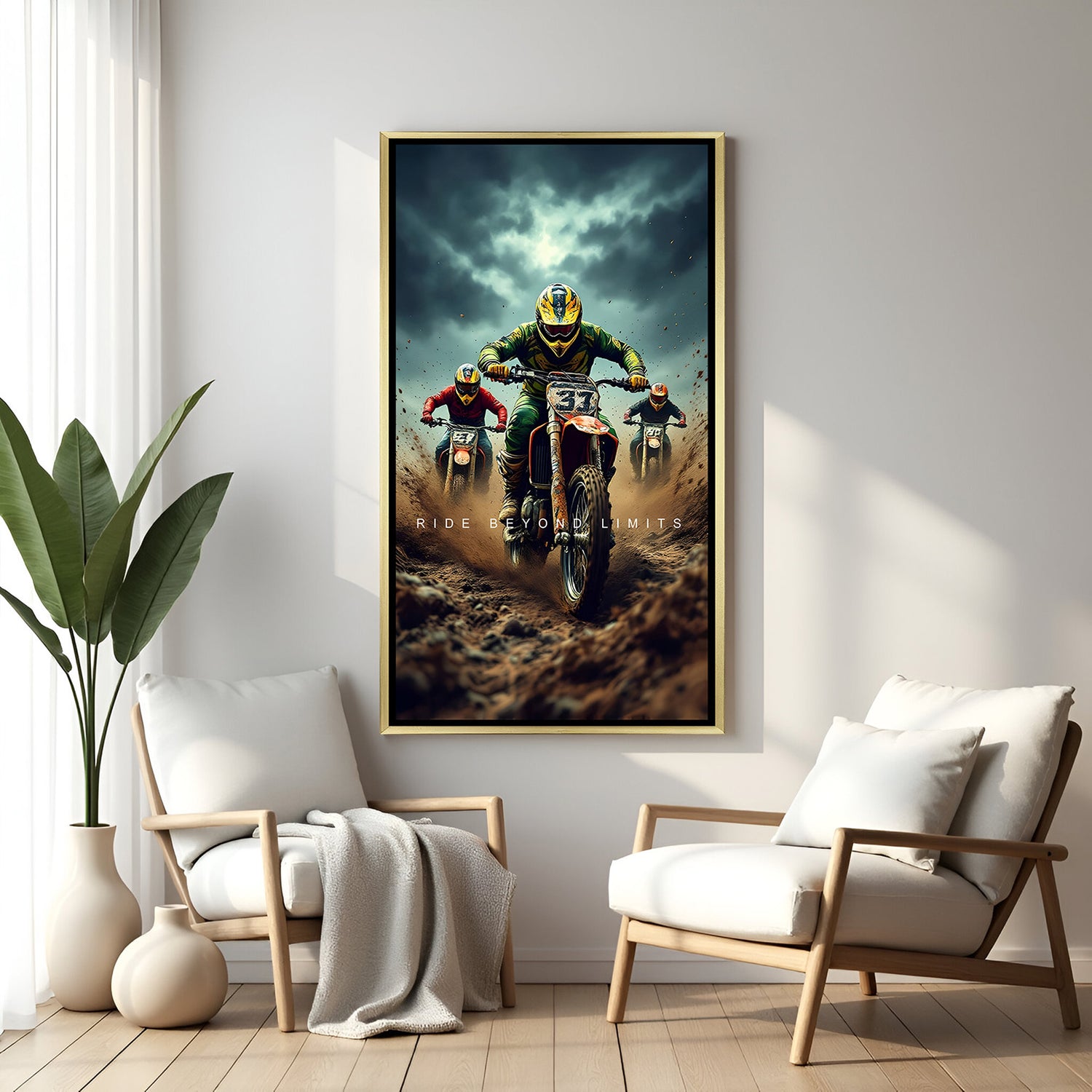 canvas wall art of biker riding through sand with ride beyond limits motivational message