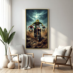 canvas wall art of biker riding through sand with ride beyond limits motivational message