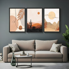 Set of 3 boho desert wall prints with sand dunes, minimal sun art, and abstract cacti – ideal for earthy, modern home decor