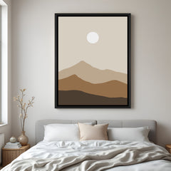 Black frame boho canvas print with soft desert forms, natural colors, and rising sun detail