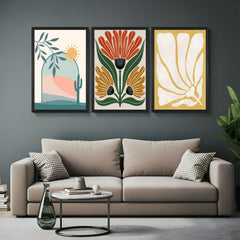 Bohemian wall art set with soft desert view, floral artwork, and flower print – ideal for modern, earthy home decor