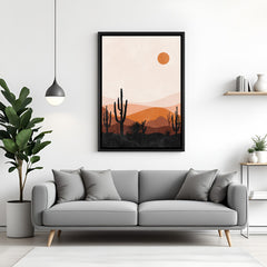 Desert and sun canvas art with black floater frame in modern boho style