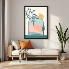Black floater canvas print with desert landscape, pastel colors, cactus, and sun in minimal style