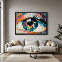 Abstract detailed eye canvas with black floater frame – intense and modern wall art for bedrooms, creative workspaces, and bold home decor