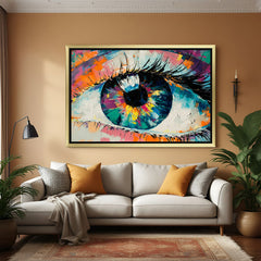 Detailed eye abstract wall painting in golden floater frame – dramatic and refined canvas art for stylish and artistic modern interiors