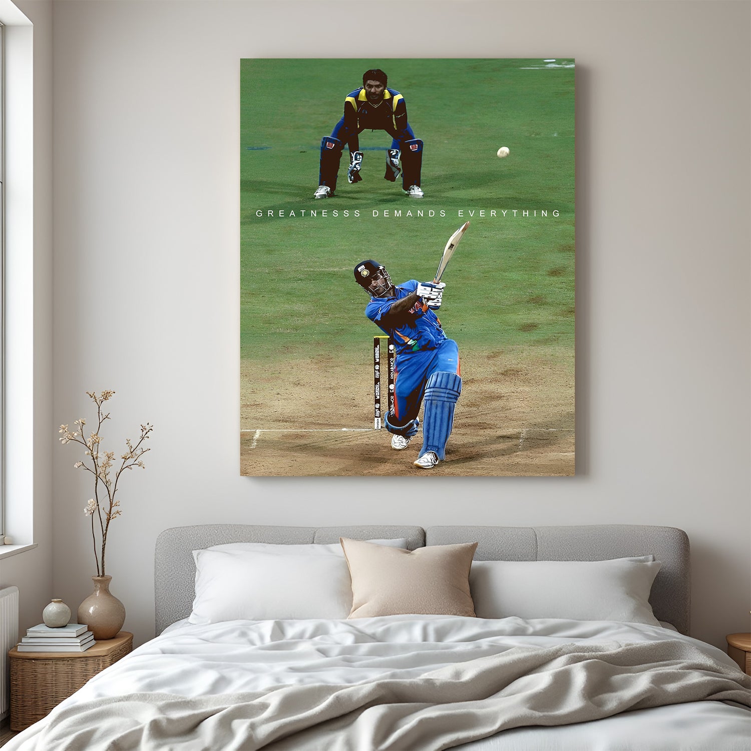 MS Dhoni in action hitting a six with powerful quote “Greatness Demands Everything” – perfect canvas art for cricket lovers and go-getters.