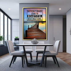 Motivational canvas wall art with golden floater frame featuring difficult roads quote