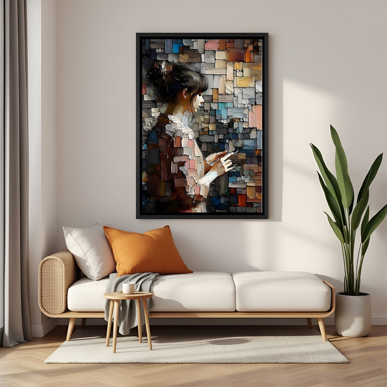 Girl holding mobile modern art canvas painting in elegant black floater frame