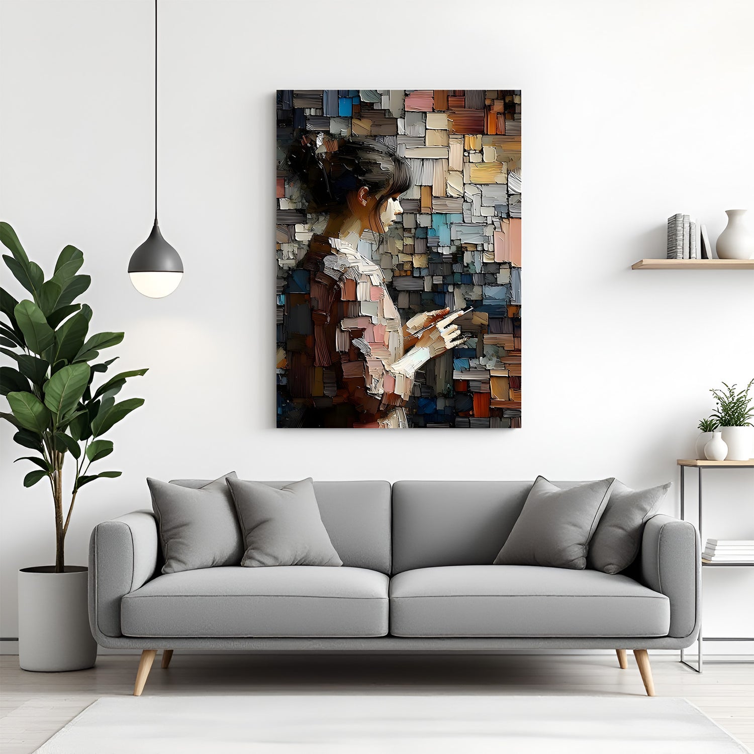 Modern painted style canvas art of a girl holding mobile in canvas wrapped frame