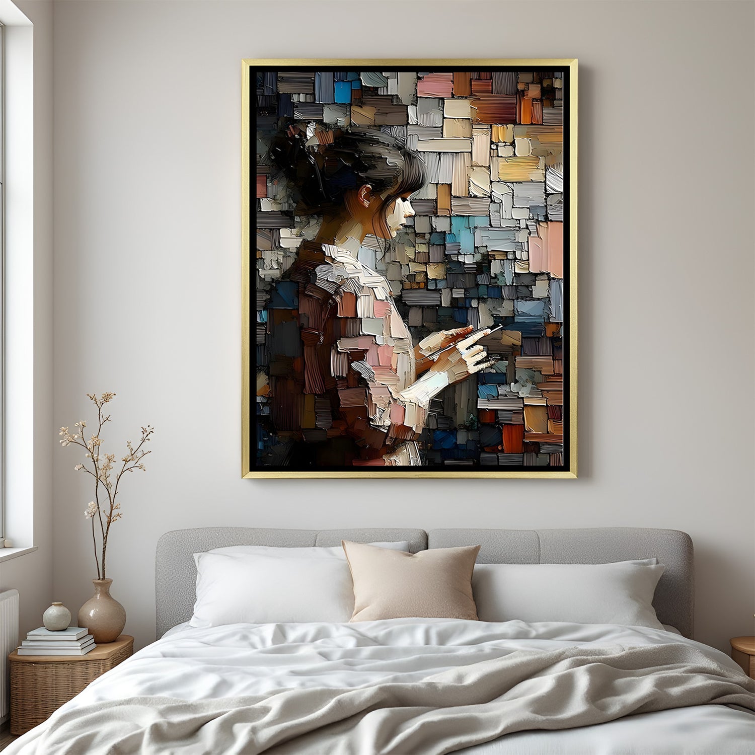 Modern painted girl with mobile canvas artwork in luxury golden floater frame