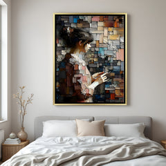 Modern painted girl with mobile canvas artwork in luxury golden floater frame