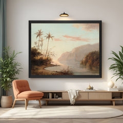 Black-framed canvas printed wall art of dinosaurs in vintage prehistoric setting—bold ancient wall art for science lovers