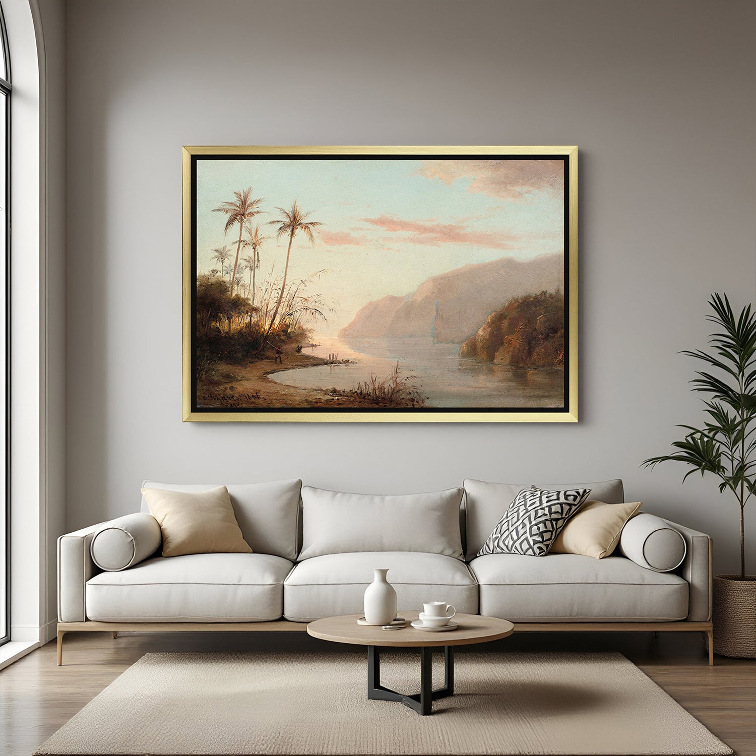 Golden-framed ancient-style canvas of dinosaur scene with volcanoes and forests—vintage prehistoric wall decor