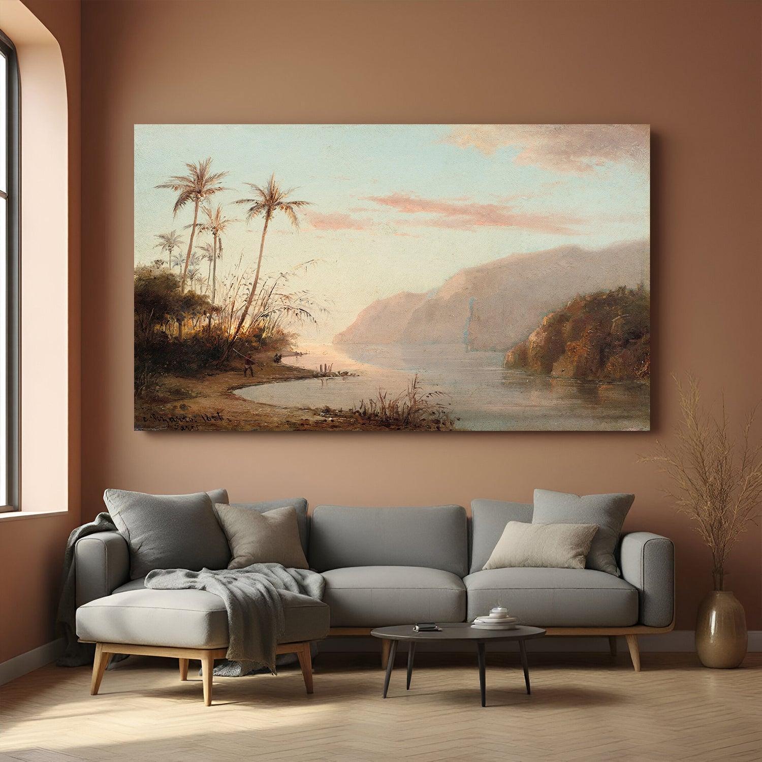 Vintage canvas art of dinosaur-era scene with prehistoric landscape—ancient-style wall decor full of power and history